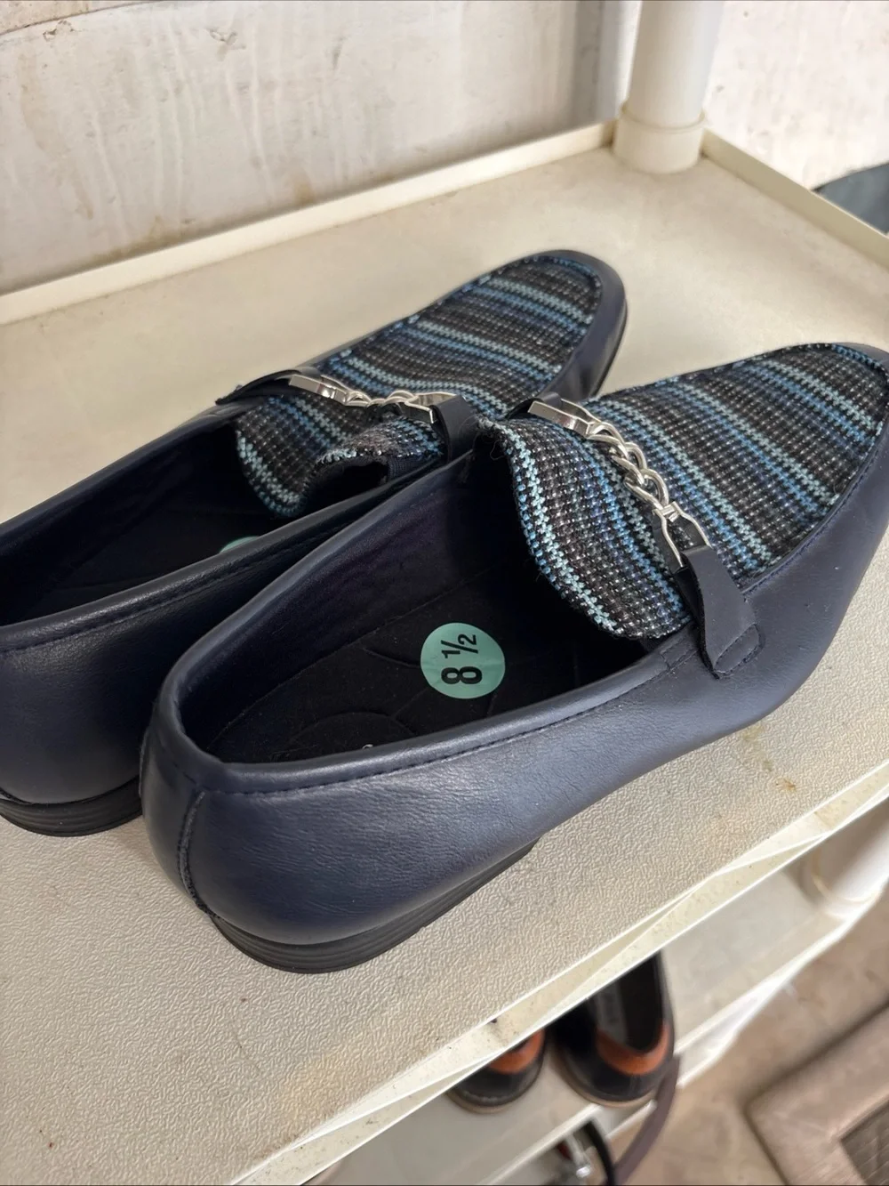 Giorgio Brutini Navy Leather Loafers with Blue-Striped Fabric Vamp